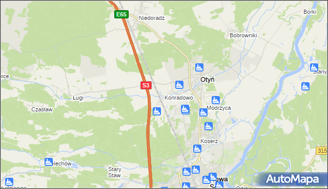 mapa Konradowo gmina Otyń, Konradowo gmina Otyń na mapie Targeo