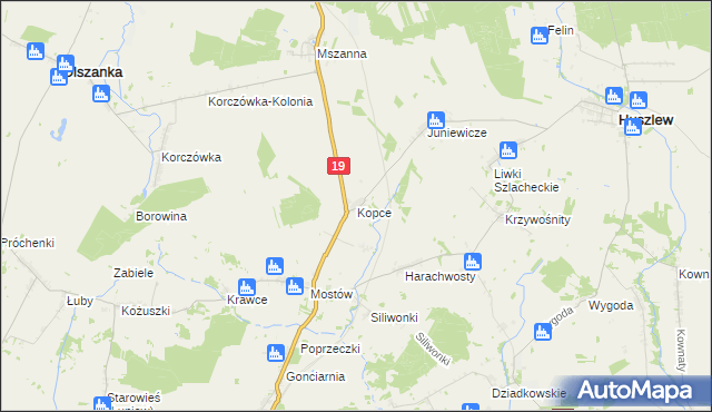 mapa Kopce gmina Huszlew, Kopce gmina Huszlew na mapie Targeo