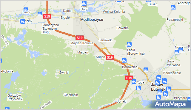 mapa Kopce gmina Janów Lubelski, Kopce gmina Janów Lubelski na mapie Targeo