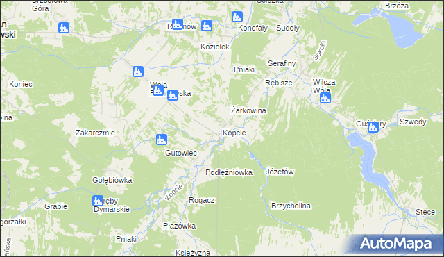 mapa Kopcie gmina Dzikowiec, Kopcie gmina Dzikowiec na mapie Targeo