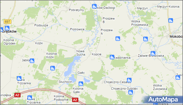 mapa Kopcie gmina Grębków, Kopcie gmina Grębków na mapie Targeo