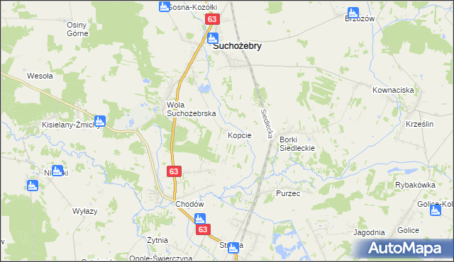 mapa Kopcie gmina Suchożebry, Kopcie gmina Suchożebry na mapie Targeo