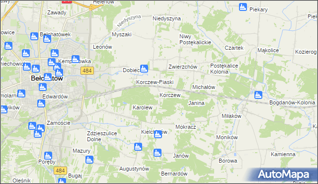 mapa Korczew gmina Bełchatów, Korczew gmina Bełchatów na mapie Targeo