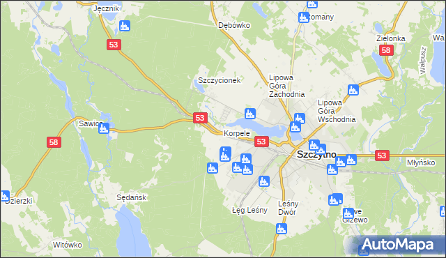 mapa Korpele, Korpele na mapie Targeo