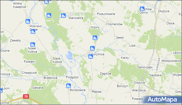 mapa Korytnica gmina Sobków, Korytnica gmina Sobków na mapie Targeo