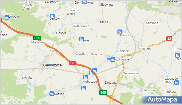 mapa Korytów gmina Gaworzyce, Korytów gmina Gaworzyce na mapie Targeo