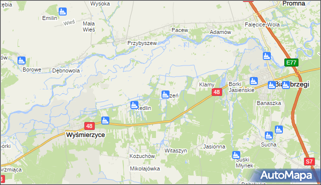 mapa Korzeń gmina Wyśmierzyce, Korzeń gmina Wyśmierzyce na mapie Targeo