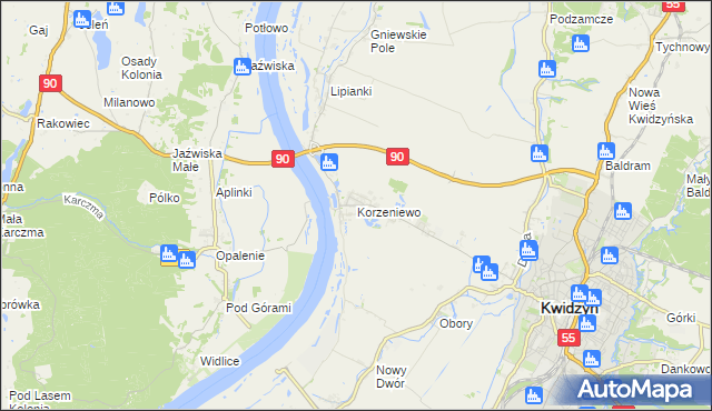 mapa Korzeniewo gmina Kwidzyn, Korzeniewo gmina Kwidzyn na mapie Targeo