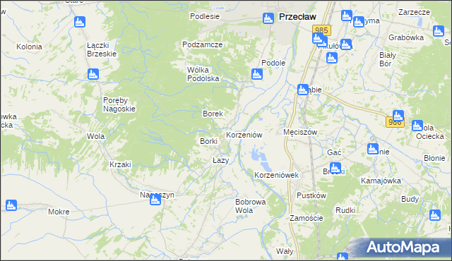 mapa Korzeniów gmina Żyraków, Korzeniów gmina Żyraków na mapie Targeo