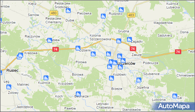 mapa Kościuszki gmina Szczerców, Kościuszki gmina Szczerców na mapie Targeo