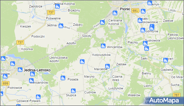 mapa Kościuszków gmina Pionki, Kościuszków gmina Pionki na mapie Targeo