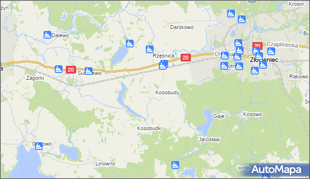 mapa Kosobudy gmina Złocieniec, Kosobudy gmina Złocieniec na mapie Targeo