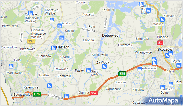 mapa Kostkowice gmina Dębowiec, Kostkowice gmina Dębowiec na mapie Targeo