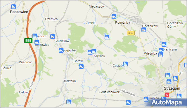 mapa Kostrza gmina Strzegom, Kostrza gmina Strzegom na mapie Targeo