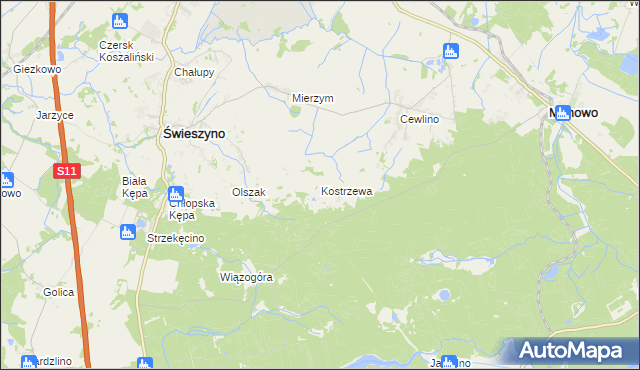 mapa Kostrzewa gmina Manowo, Kostrzewa gmina Manowo na mapie Targeo