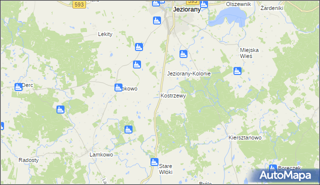 mapa Kostrzewy gmina Jeziorany, Kostrzewy gmina Jeziorany na mapie Targeo