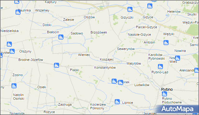 mapa Koszajec gmina Rybno, Koszajec gmina Rybno na mapie Targeo