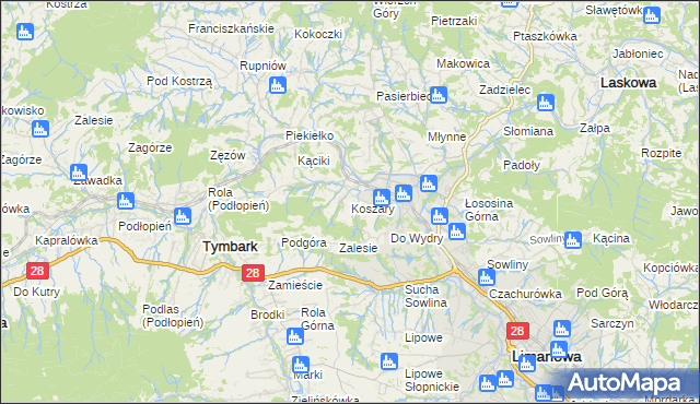 mapa Koszary gmina Limanowa, Koszary gmina Limanowa na mapie Targeo