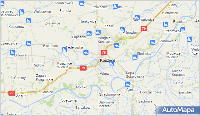 mapa Koszyce powiat proszowicki, Koszyce powiat proszowicki na mapie Targeo