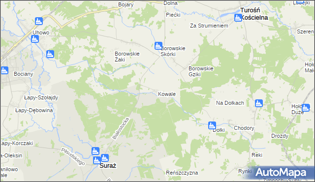 mapa Kowale gmina Suraż, Kowale gmina Suraż na mapie Targeo