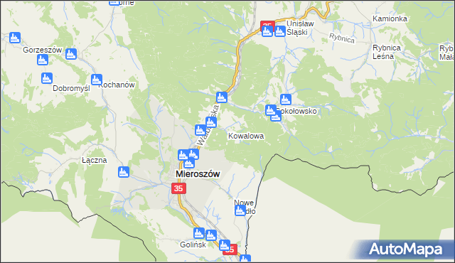 mapa Kowalowa gmina Mieroszów, Kowalowa gmina Mieroszów na mapie Targeo