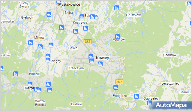 mapa Kowary powiat jeleniogórski, Kowary powiat jeleniogórski na mapie Targeo