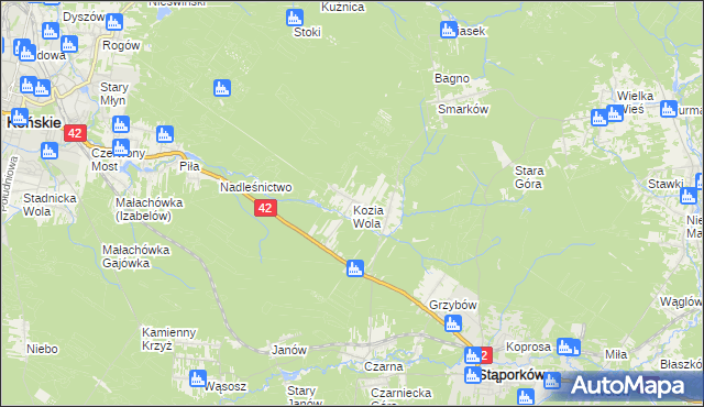 mapa Kozia Wola gmina Stąporków, Kozia Wola gmina Stąporków na mapie Targeo