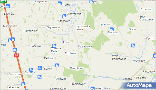 mapa Koziegłowy gmina Jasieniec, Koziegłowy gmina Jasieniec na mapie Targeo