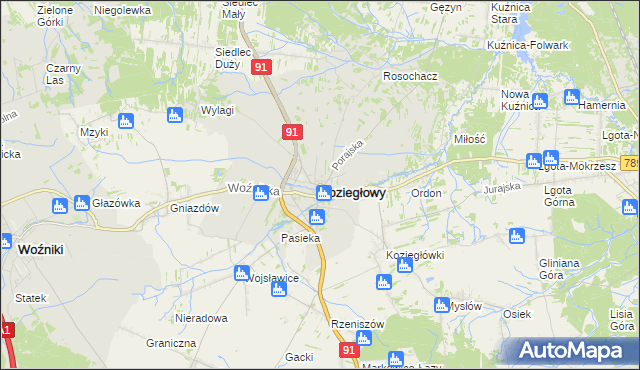 mapa Koziegłowy powiat myszkowski, Koziegłowy powiat myszkowski na mapie Targeo