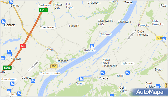 mapa Kozielec gmina Dobrcz, Kozielec gmina Dobrcz na mapie Targeo