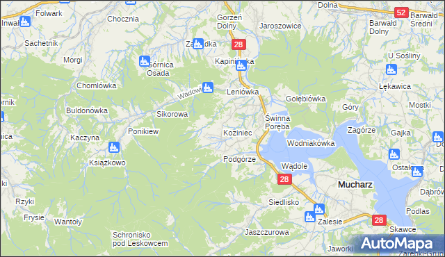 mapa Koziniec gmina Mucharz, Koziniec gmina Mucharz na mapie Targeo