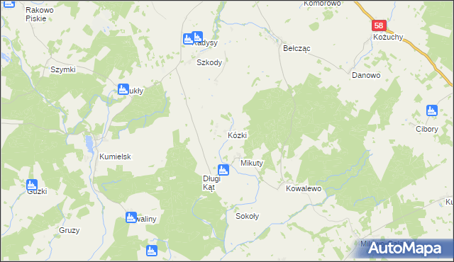 mapa Kózki gmina Biała Piska, Kózki gmina Biała Piska na mapie Targeo