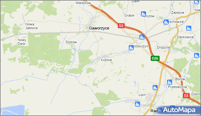 mapa Koźlice gmina Gaworzyce, Koźlice gmina Gaworzyce na mapie Targeo