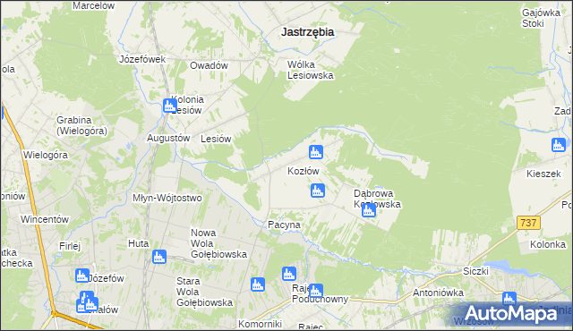 mapa Kozłów gmina Jastrzębia, Kozłów gmina Jastrzębia na mapie Targeo