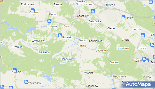 mapa Kozłów gmina Małogoszcz, Kozłów gmina Małogoszcz na mapie Targeo