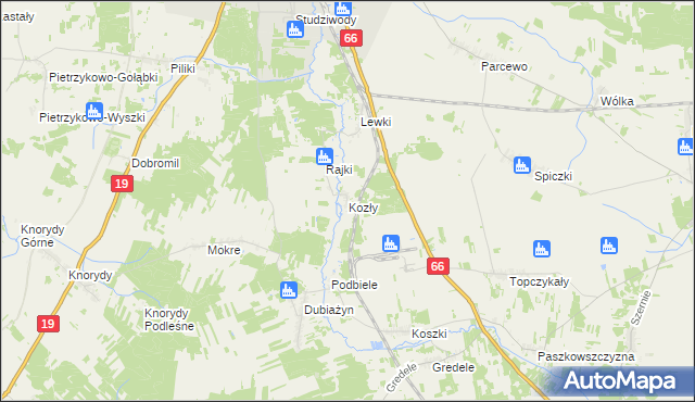 mapa Kozły gmina Bielsk Podlaski, Kozły gmina Bielsk Podlaski na mapie Targeo