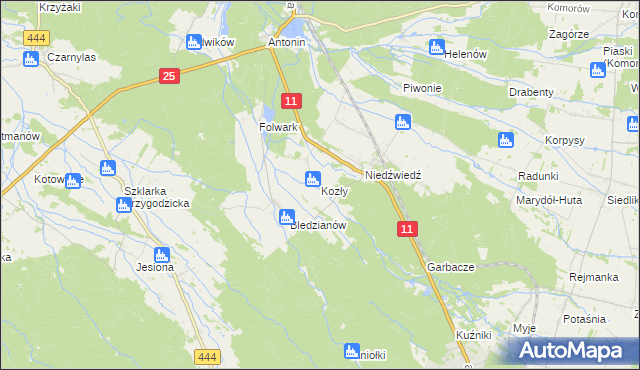 mapa Kozły gmina Ostrzeszów, Kozły gmina Ostrzeszów na mapie Targeo