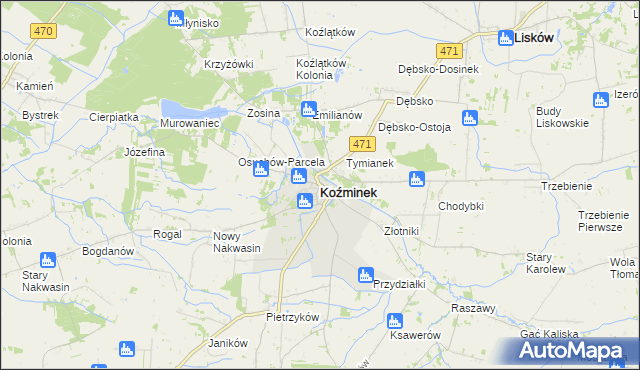 mapa Koźminek powiat kaliski, Koźminek powiat kaliski na mapie Targeo