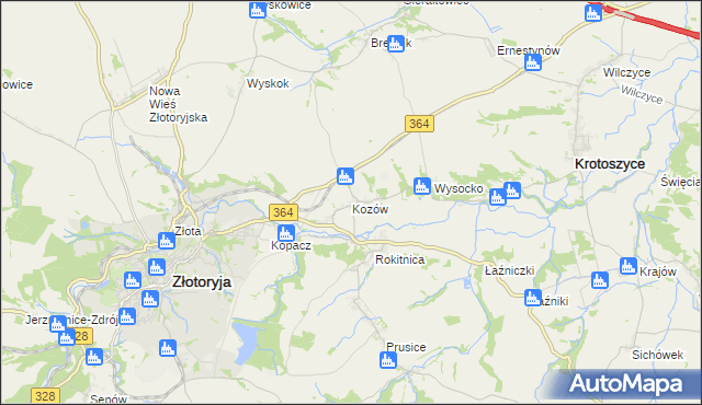 mapa Kozów gmina Złotoryja, Kozów gmina Złotoryja na mapie Targeo