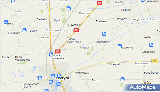 mapa Kozuby gmina Łęczyca, Kozuby gmina Łęczyca na mapie Targeo