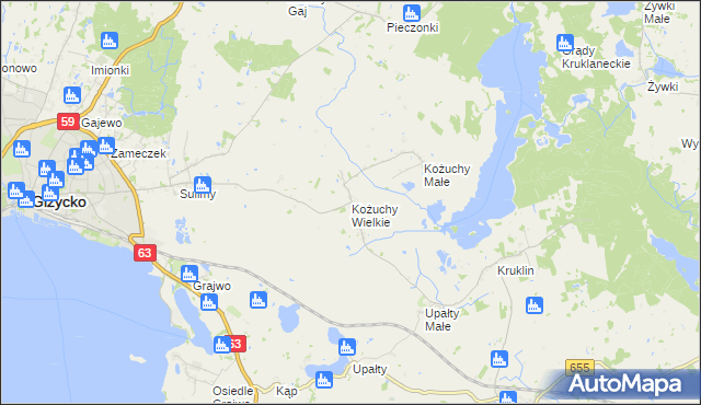 mapa Kożuchy Wielkie, Kożuchy Wielkie na mapie Targeo