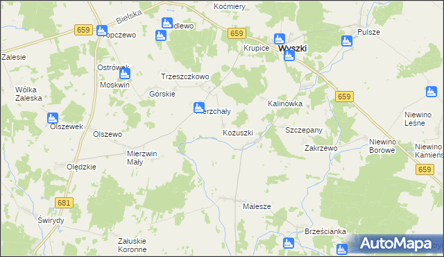 mapa Kożuszki gmina Wyszki, Kożuszki gmina Wyszki na mapie Targeo