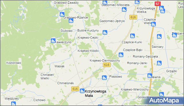 mapa Krajewo Wielkie gmina Krzynowłoga Mała, Krajewo Wielkie gmina Krzynowłoga Mała na mapie Targeo