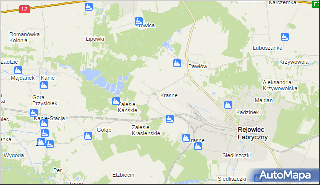 mapa Krasne gmina Rejowiec Fabryczny, Krasne gmina Rejowiec Fabryczny na mapie Targeo