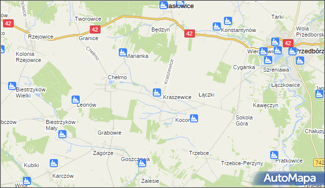 mapa Kraszewice gmina Masłowice, Kraszewice gmina Masłowice na mapie Targeo