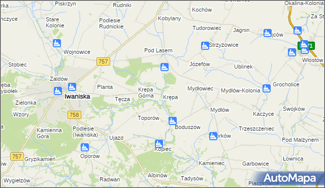 mapa Krępa gmina Iwaniska, Krępa gmina Iwaniska na mapie Targeo