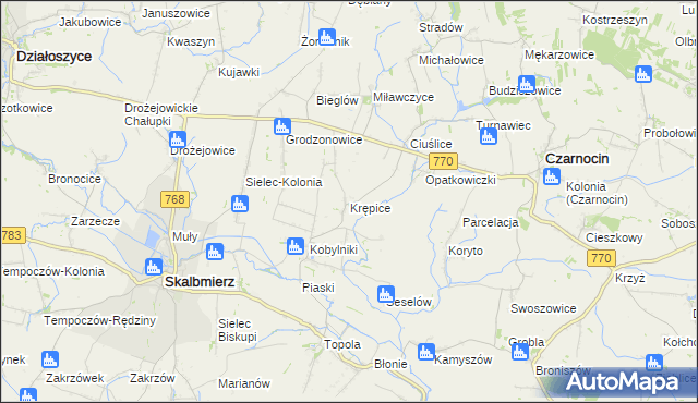 mapa Krępice gmina Skalbmierz, Krępice gmina Skalbmierz na mapie Targeo