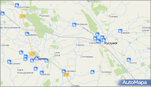 mapa Krężoły gmina Ryczywół, Krężoły gmina Ryczywół na mapie Targeo