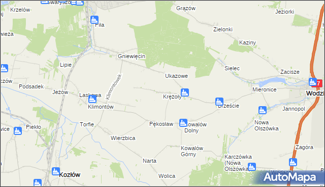 mapa Krężoły gmina Wodzisław, Krężoły gmina Wodzisław na mapie Targeo