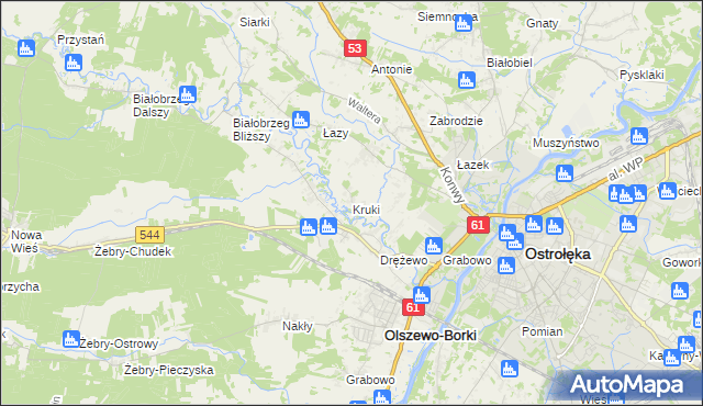 mapa Kruki gmina Olszewo-Borki, Kruki gmina Olszewo-Borki na mapie Targeo